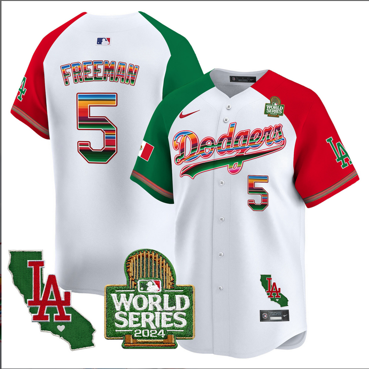 Men MLB Mexico Los Angeles Dodgers 5 Freeman white 2024 World Series Champions Patch Jersey 20241105 style 2